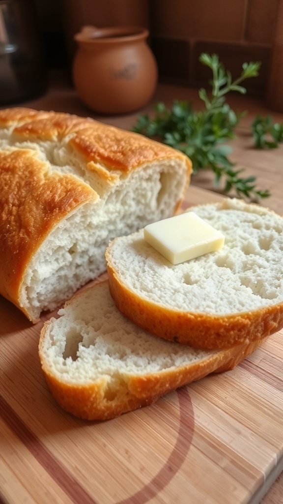 A golden brown loaf of homemade bread sliced open, with butter melting on top, on a wooden board.